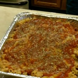 Pan of Commercial Ziti With Meat Sauce