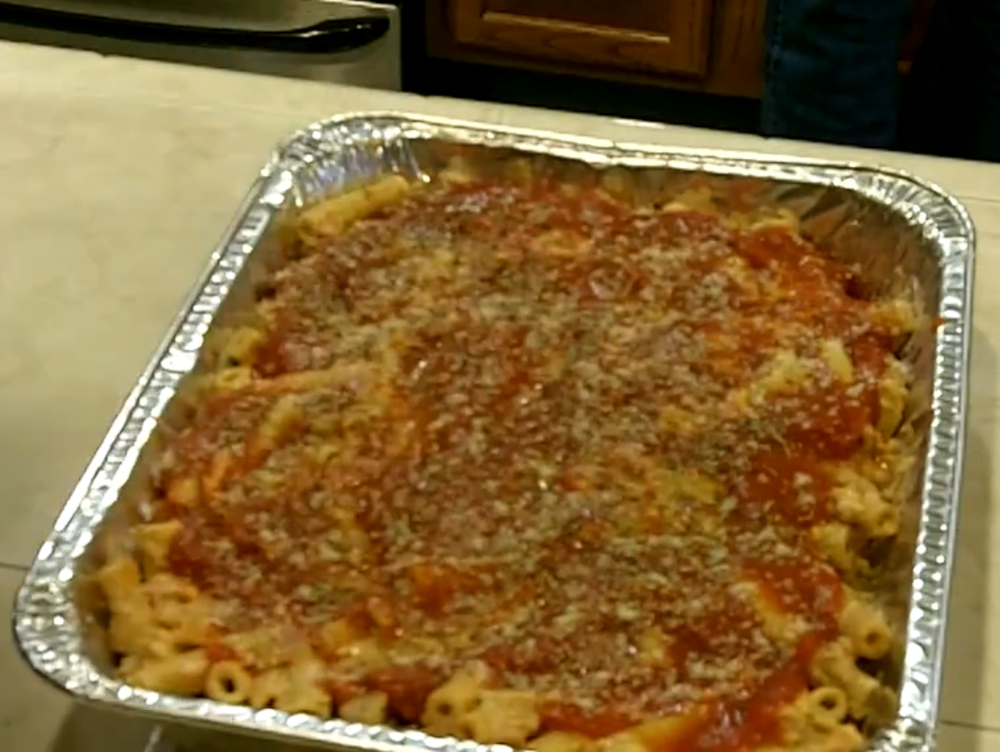 Pan of Commercial Ziti With Meat Sauce