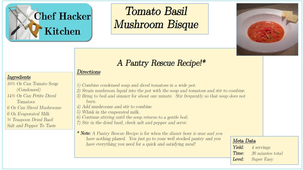 Tomato Basil Mushroom Bisque Recipe Card