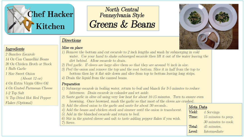 Greens and Beans Recipe Card