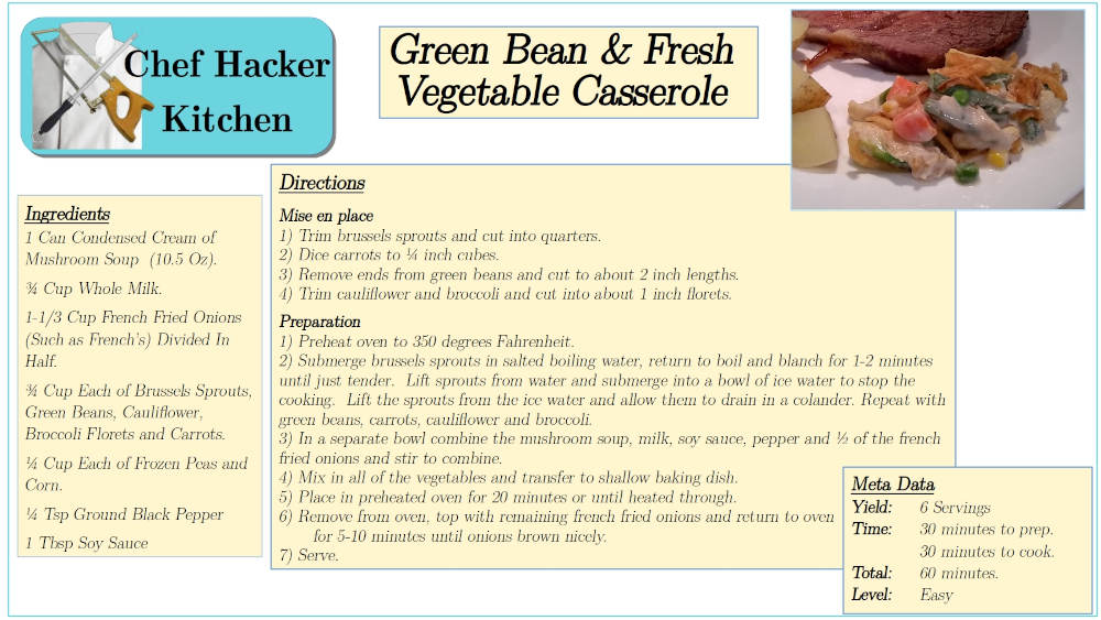 Green Bean And Fresh Vegetable Casserole Recipe Card