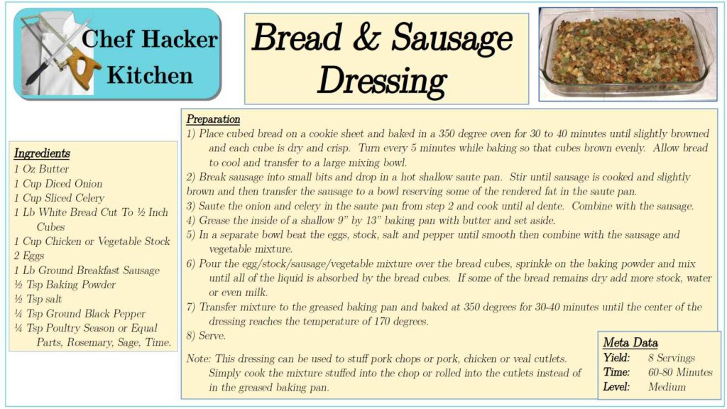 Bread and Sausage Dressing Recipe Card