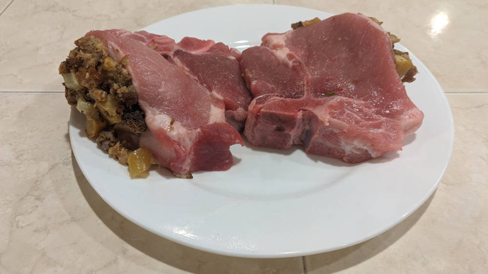 Two Raw Stuffed Porterhouse Pork Chops 