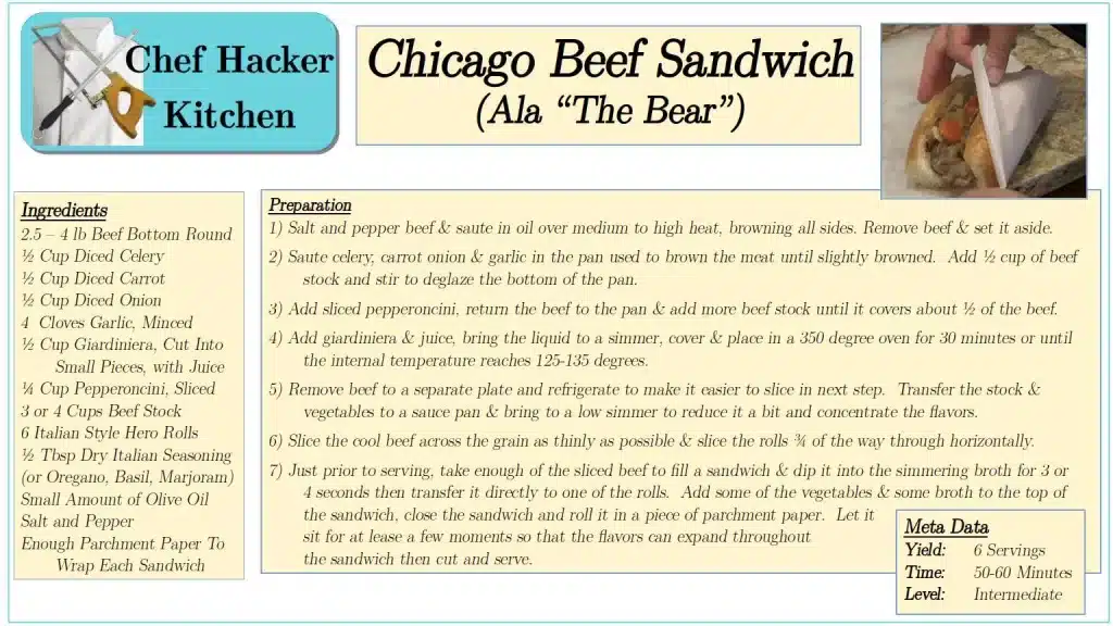 Chicago Beef Sandwich Recipe Card